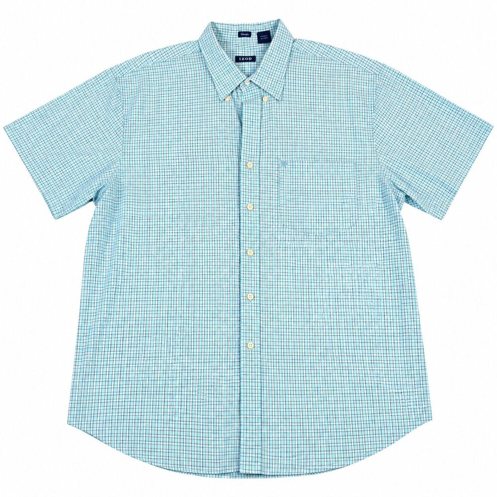 IZOD Saltwater Men’s XXL Short Sleeve Plaid Button Down Shirt Coastal Preppy